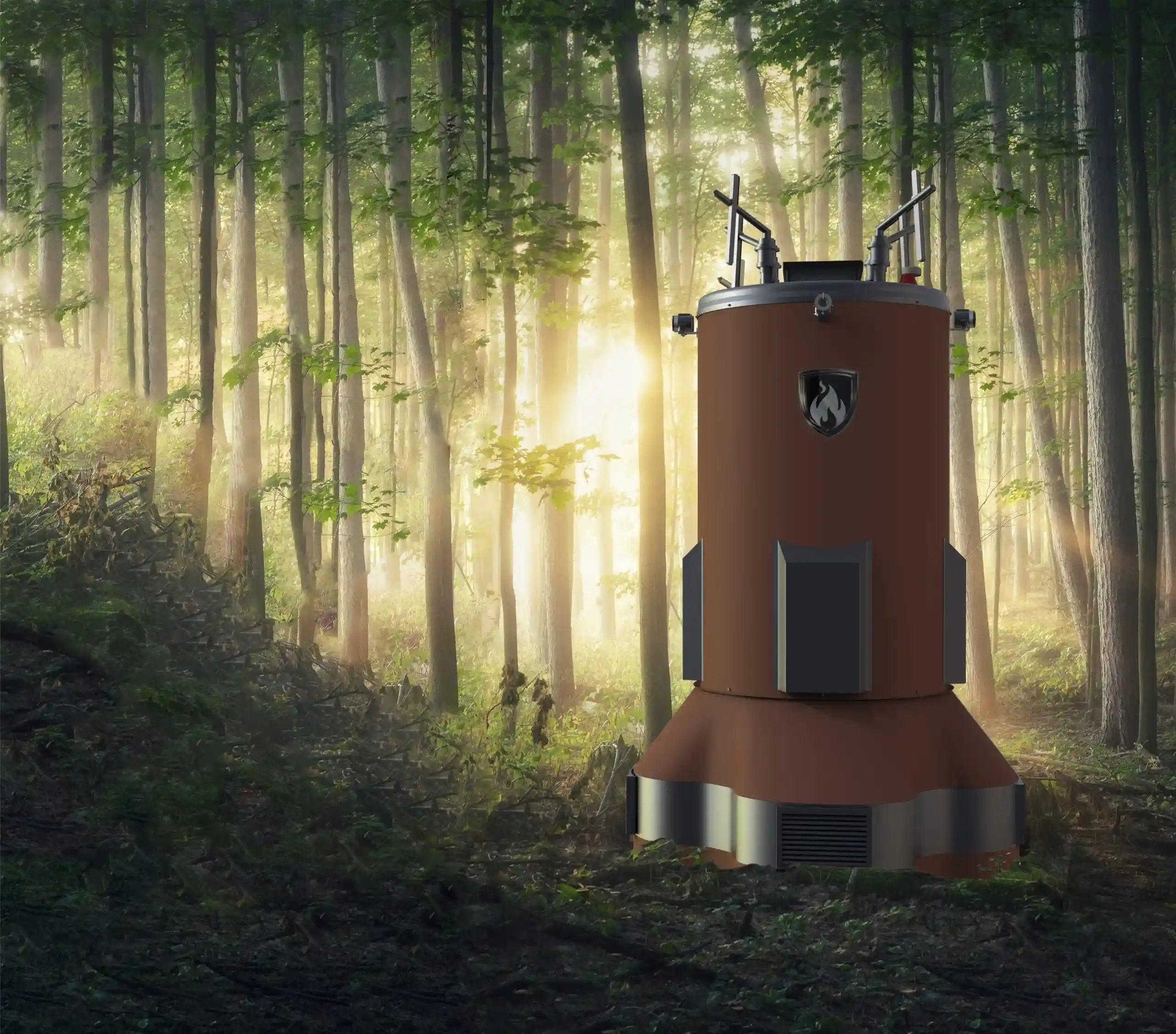 The Guardian fire suppression unit is positioned in a forest at sunrise.