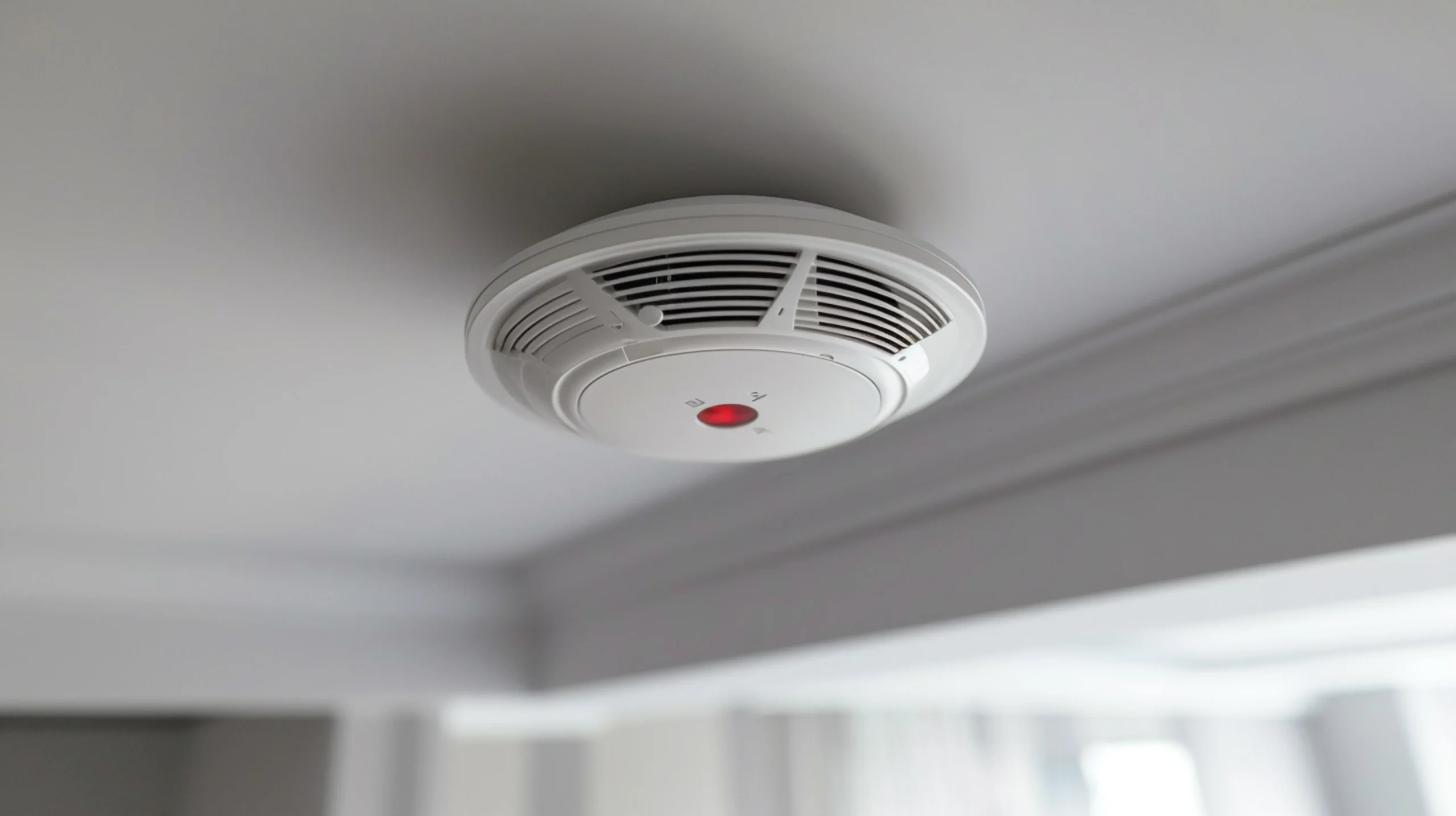 Ceiling-mounted fire detection system smoke alarm.